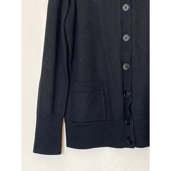 Talbots Extra Fine Merino Wool Black Cowl Neck Button Front Cardigan Pockets L - Picture 4 of 7